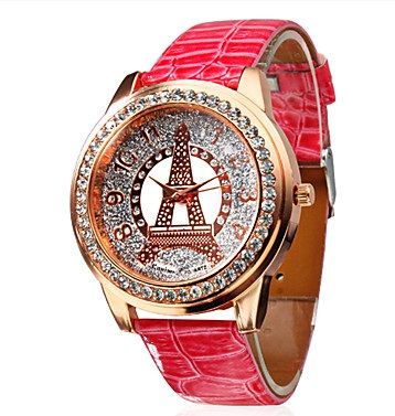 Diamante torre padrão rosa pu banda relógio #00562217